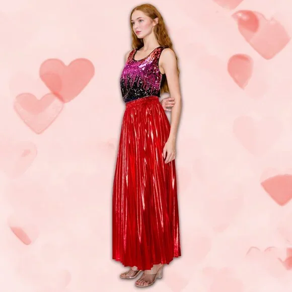 Metallic Pleated Midi Skirt in Red Hot - Picture 2 of 8